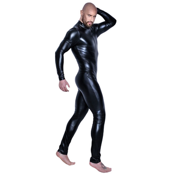 Men's Black Wetlook Erotic Bodysuit / Fetish Faux Leather Wear With Open Crotch - EVE's SECRETS